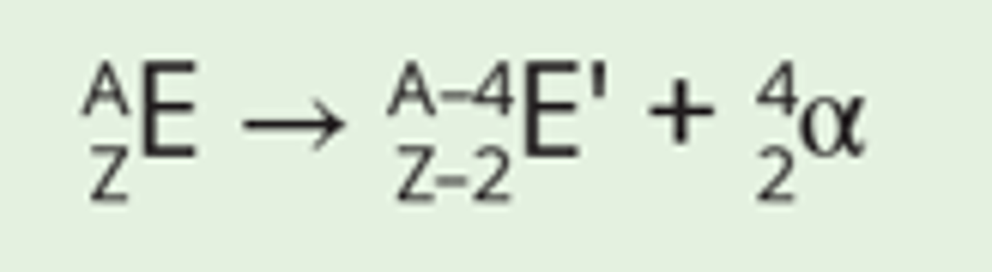 <p>Atoom E met A nucleonen en Z protonen vervalt in een atoom E' met A - 4 nucleonen en Z - 2 protonen</p>