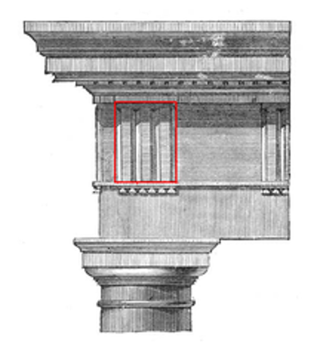 <p>1 of the vertical blocks separating the metopes on a Doric frieze</p>