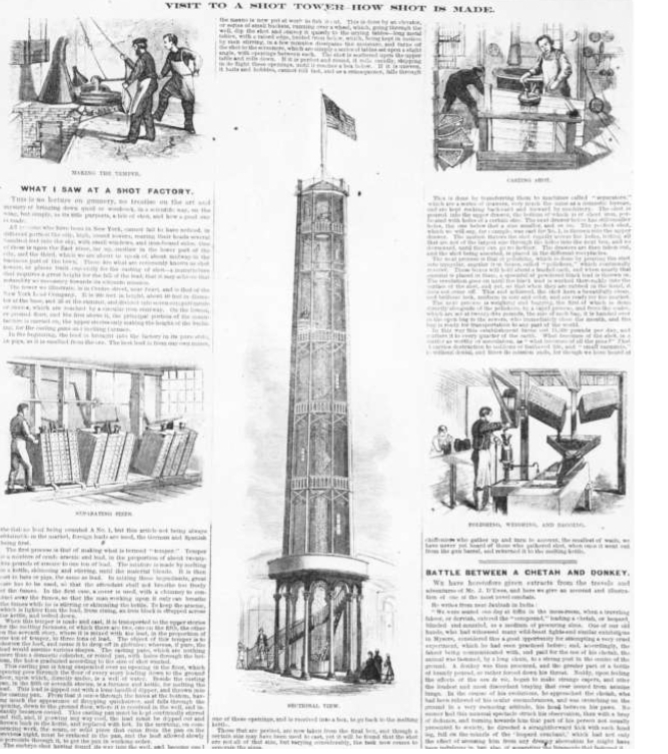 <p><span style="font-family: Arial; font-size: 21px;">(a): McCullough Shot Tower</span></p><p><span style="font-family: Arial; font-size: 21px;">(b): James Bogardus</span></p><p><span style="font-family: Arial; font-size: 21px;">(c): New York</span></p><p><span style="font-family: Arial; font-size: 21px;">(d): 1850s</span></p><p><span style="font-family: Arial; font-size: 21px;">(e): n/a</span></p>