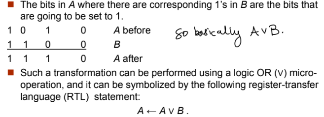 <p>defn: setting certain bits of A to 1 and leaving the other bits of A unchanged </p><ul><li><p>the equivalent logic operation to achieve selection-set is A OR B</p></li></ul><p></p>