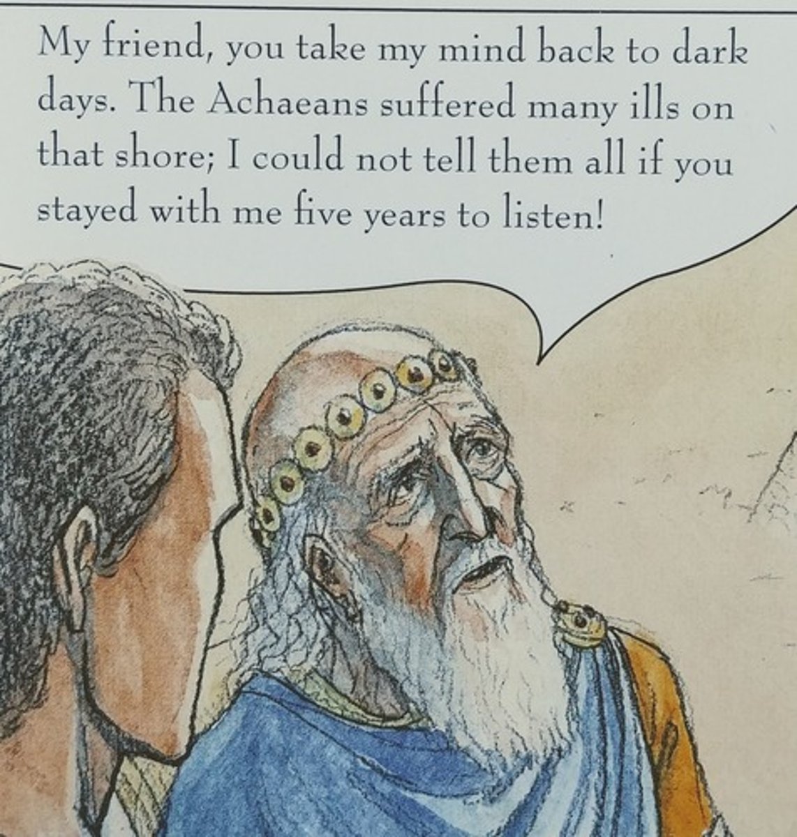 <p>King of Pylos. Telemachus visits him to ask for information on his father, but he knows very little. Is making a sacrifice to Poseidon.</p>