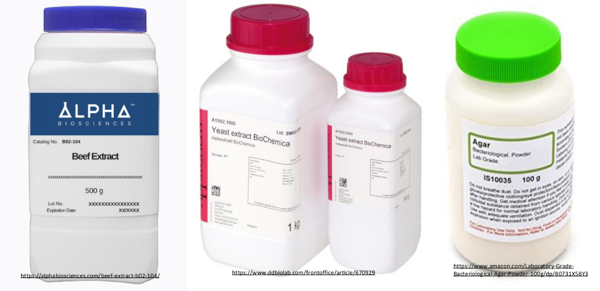 <ul><li><p>potato infusion (plant origin)</p></li><li><p>beef extract (animal origin)</p></li><li><p>yeast extract (microbial origin)</p></li></ul><p></p>