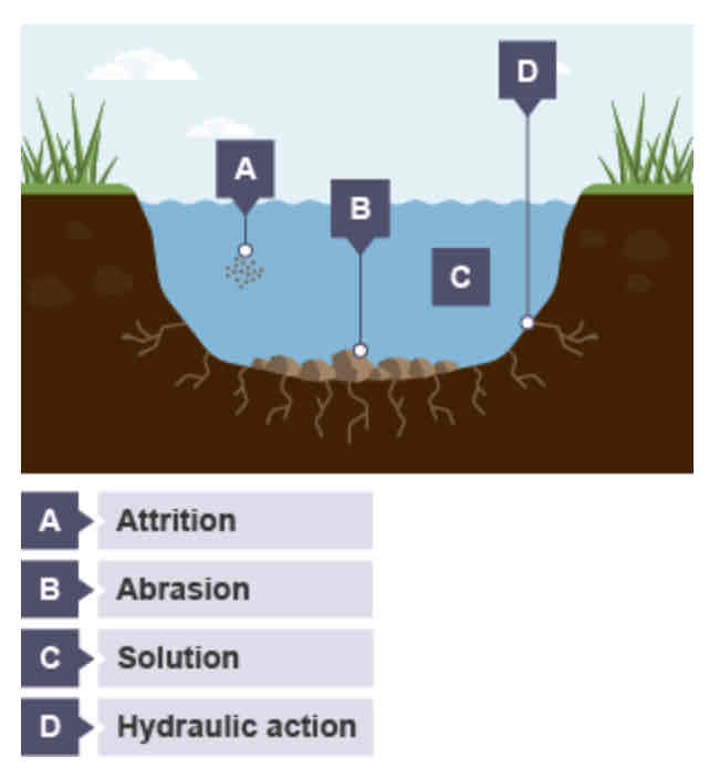 <ul><li><p>Hydraulic action </p></li><li><p>Abrasion</p></li><li><p>Attrition</p></li><li><p>Solution</p></li></ul>