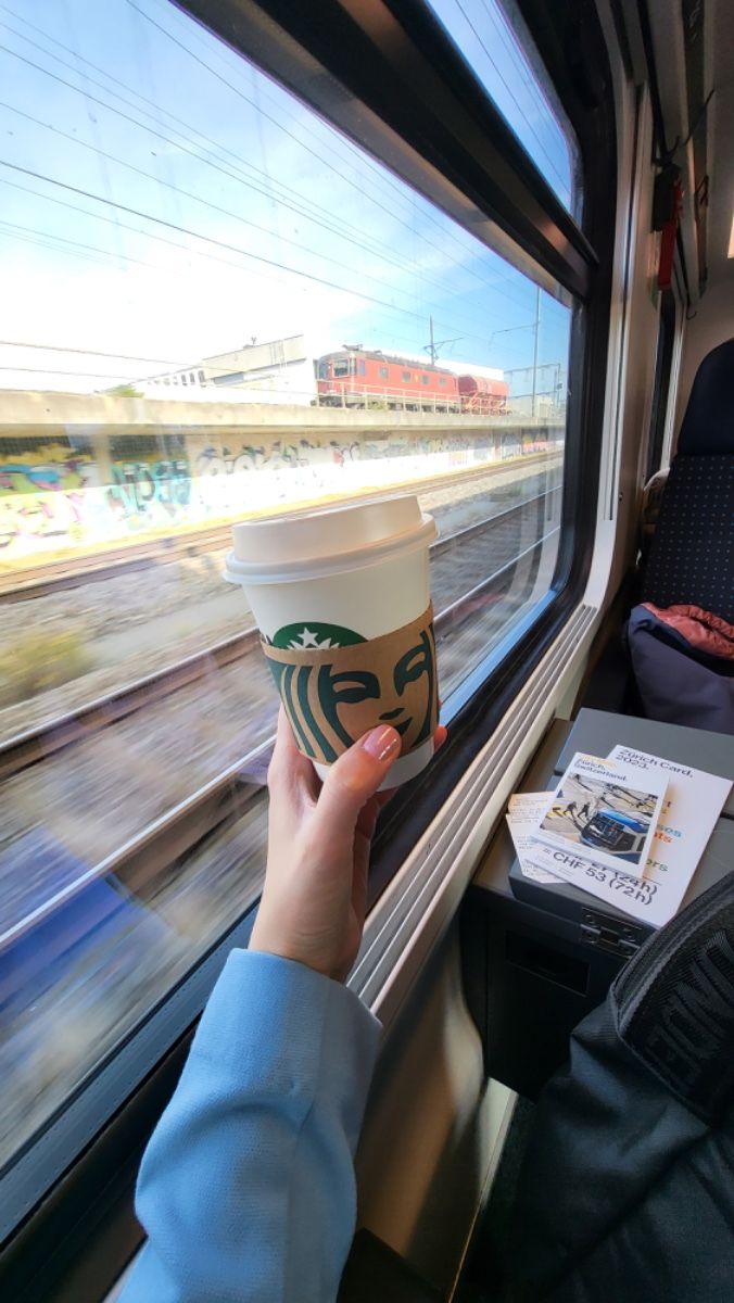 <p>We enjoy ___ (travel) by train.</p>