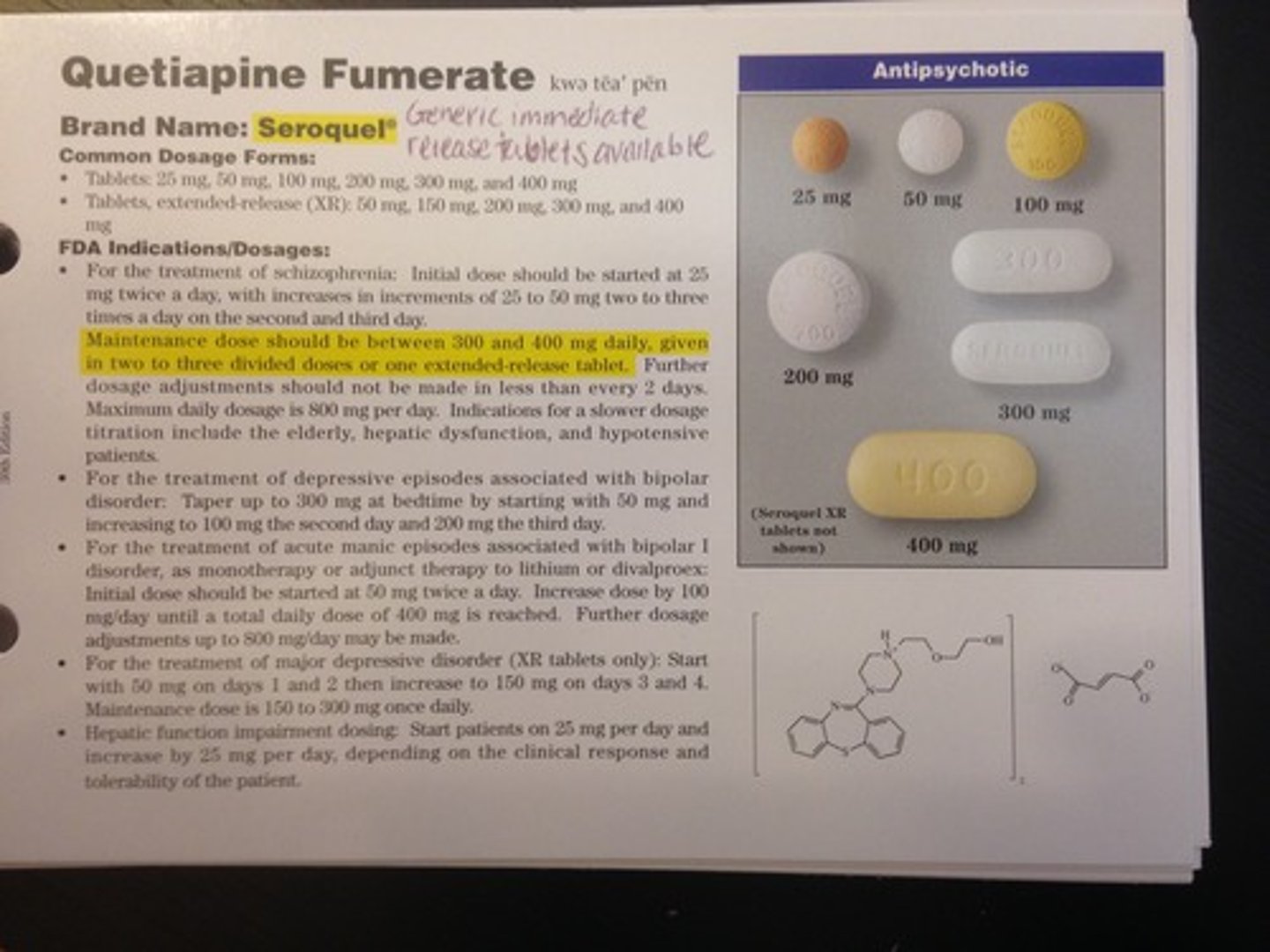 <p><strong>ANTI PSYCHOTIC FOR SCHIZOPHRENIA, DEPRESSION AND BPD</strong></p><p><em>start on a low dose then increase while monitoring improvements</em></p><p></p><p>FORMS: Oral tablet, suspension and M/R</p><p>SIDE EFFECTS: Sleepiness and problems with movement</p>