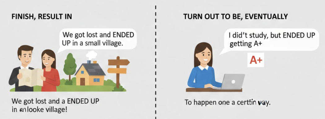 <p>To finally be in a particular place or situation. </p><ul><li><p>(<strong>Cuối cùng thì, kết cục là</strong>)</p></li></ul><p>Dạng liên quan:</p><ul><li><p><strong>Wind up</strong> (nghĩa tương đương nhưng sắc thái đôi khi tiêu cực hơn).</p></li></ul><p>Ngữ cảnh:</p><ul><li><p><strong>Đời sống:</strong> Kể về một chuyến đi, một sự lựa chọn bất ngờ. </p></li><li><p><strong>Sự nghiệp:</strong> Nói về quá trình chuyển nghề (<strong>I ended up being a teacher</strong>).</p></li></ul><p>Cấu trúc:</p><ul><li><p><strong>End up + V-ing</strong> (Cuối cùng thì làm việc gì đó).</p></li><li><p><strong>End up + Giới từ (in/at/with...) + Noun</strong> (Cuối cùng thì ở đâu/với ai/với cái gì).</p></li><li><p><strong>End up + Adj</strong> (Cuối cùng thì trở nên như thế nào).</p></li></ul><p></p>