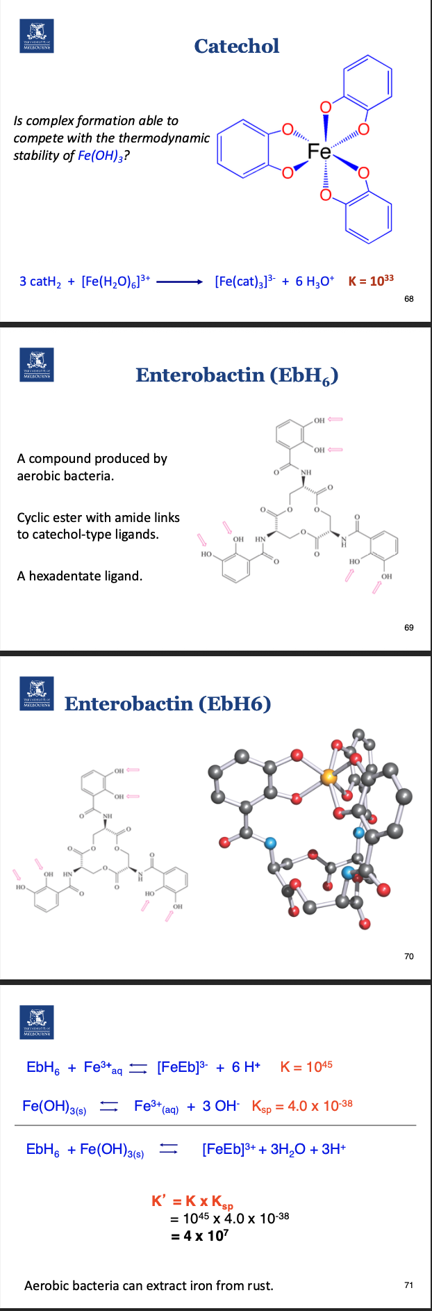 <p>Ligands can be used to bind and solubilize iron from the environment<br><br>For enterobactin, coordination number is 6.</p>