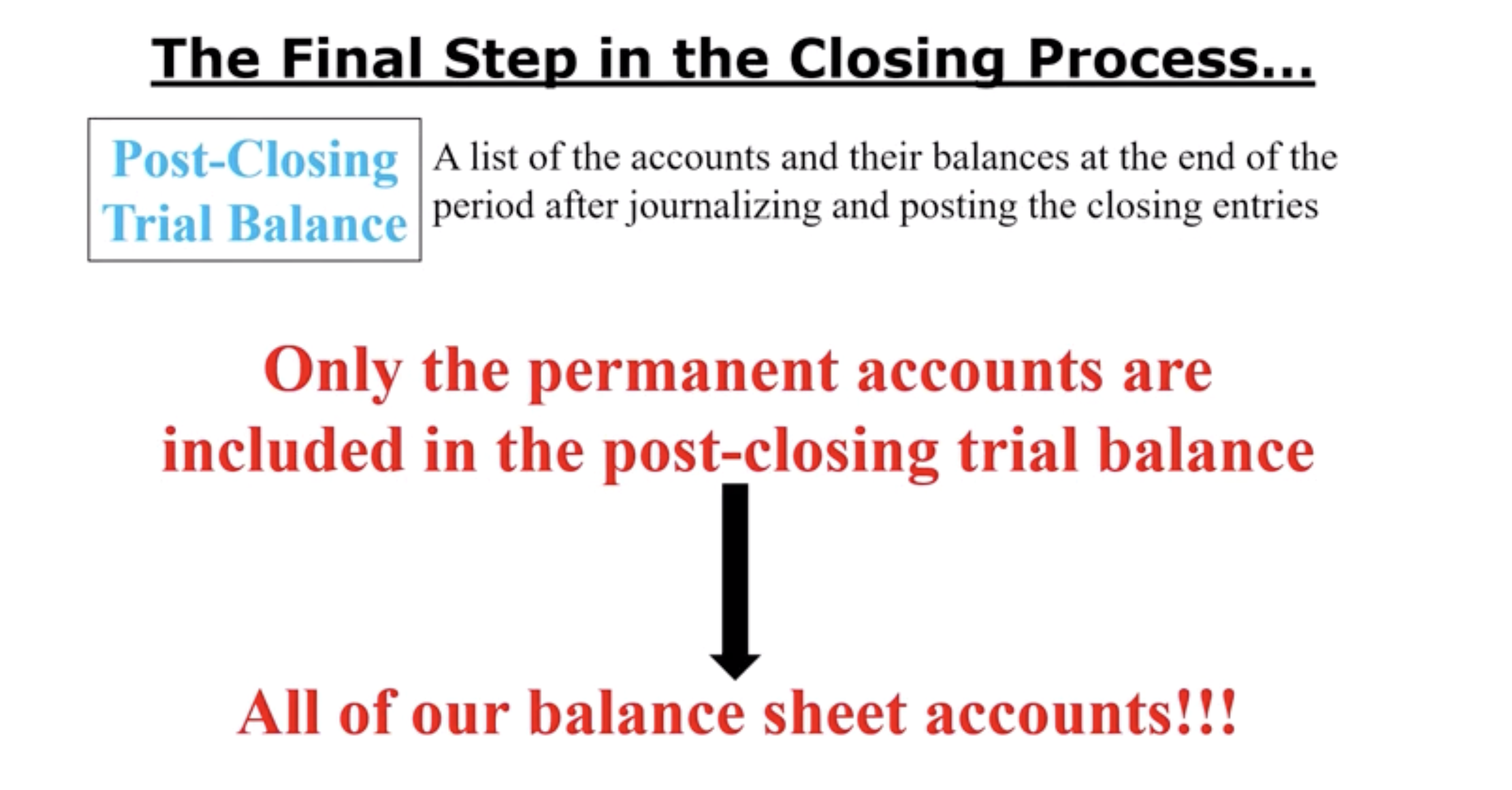 <p>A list of the accounts and their balances at the end of the period after journalizing and posting the Closing Entries.</p>