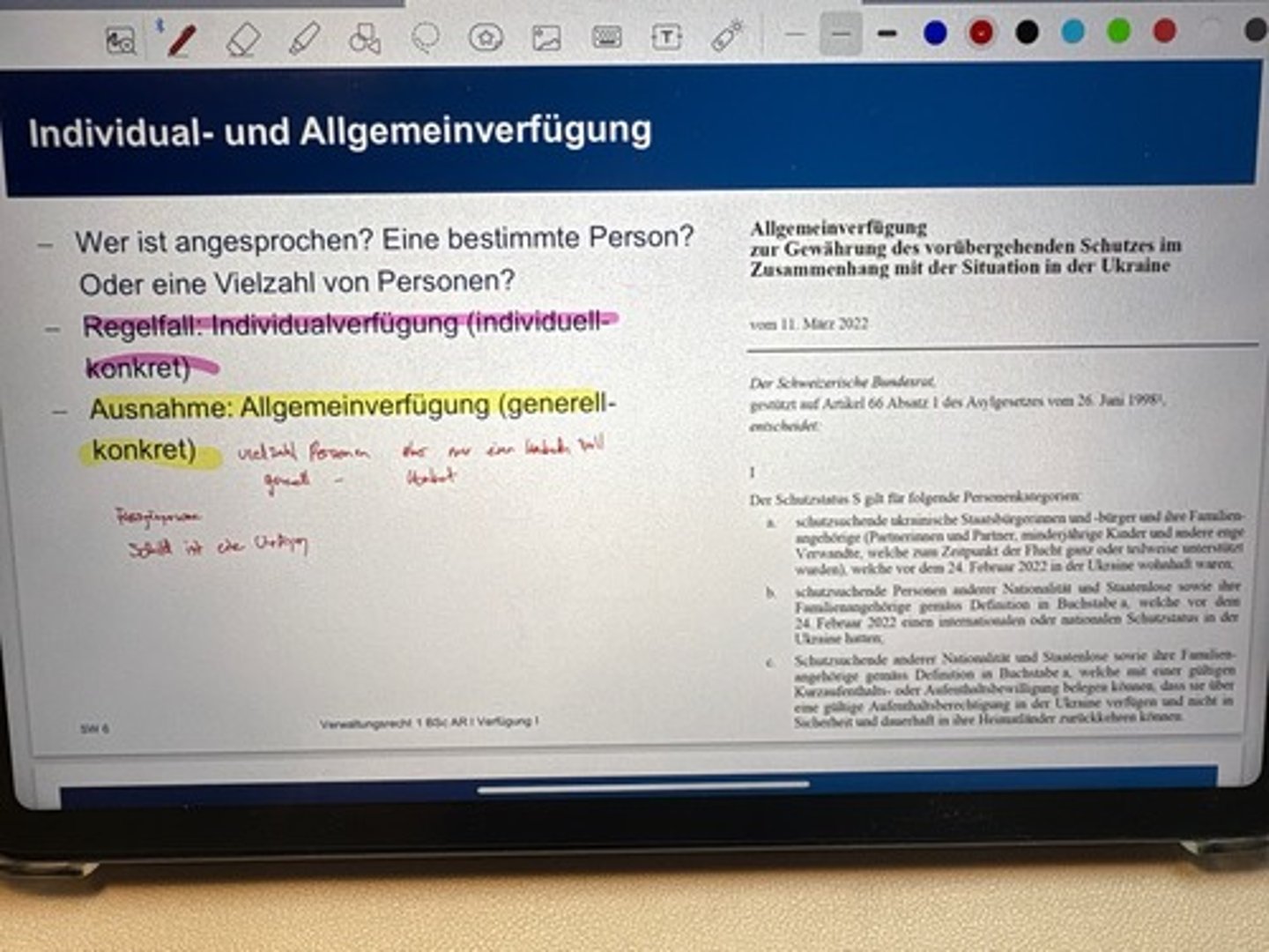 <p>-Wer ist angesprochen? Eine bestimmte Person? Oder eine Vielzahl von Personen?</p><p>-Regelfall: Individualverfügung (individuell-konkret)</p><p>-Ausnahme: Allgemeinverfügung (generell-konkret) Schild->Fussgängerzone (Vielzahl Personen aber nur einen SV)</p>