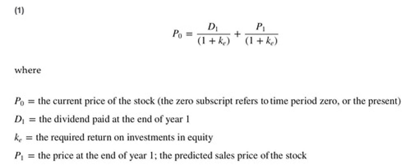 <p>The present value is calculated by summing the present value of the expected dividend and the expected selling price.</p>