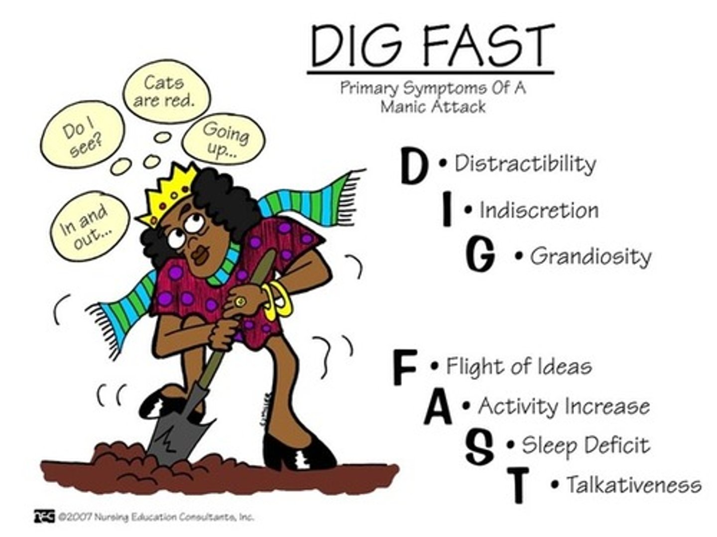 <p>Symptoms of Mania</p><p>Distractibility</p><p>Irresponsibility</p><p>Grandiosity</p><p>Flight of Ideas</p><p>Activity and Agitation</p><p>Sleep (decreased need)</p><p>Talkativeness</p>