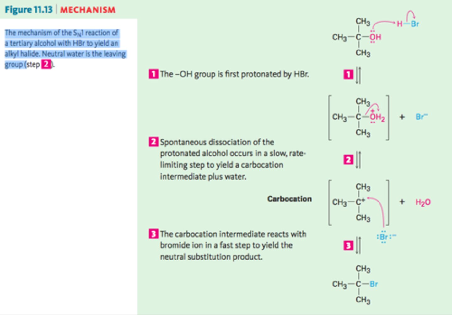 <p>2 step mechanism.</p><p>R-X --&gt; R+ X- (slow),</p><p>R+ + Nu- --&gt; R--Nu (fast)</p>