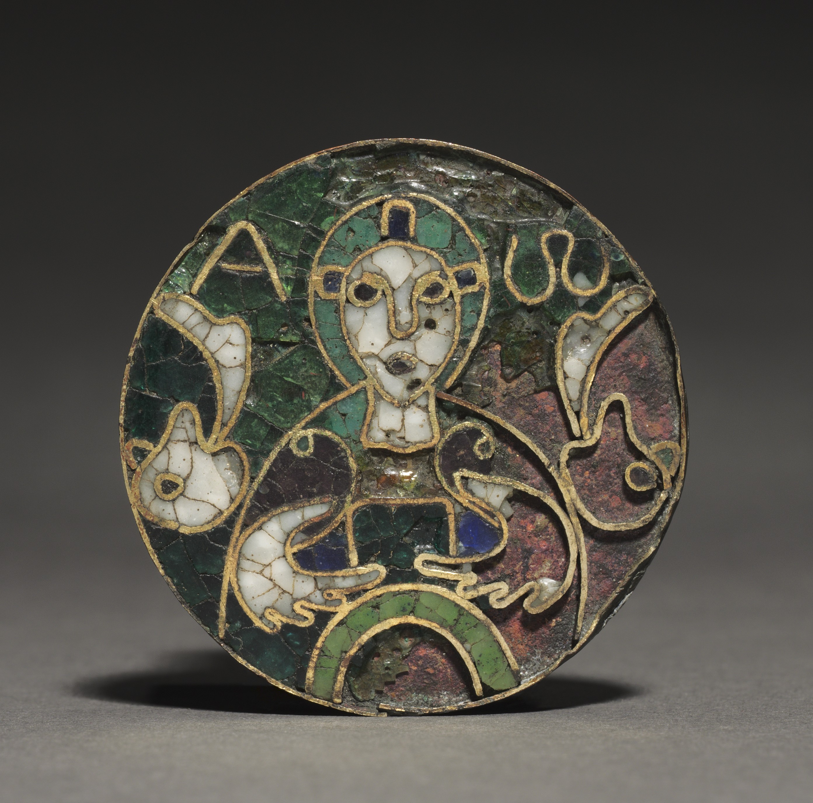 Medallion with Bust of Christ, late 700s, Migration period Germany, cloisonné enamel and gold on copper, 2 x 1/16 in