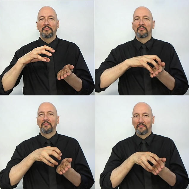 <p>claw handshape - tap, rotate, tap</p>