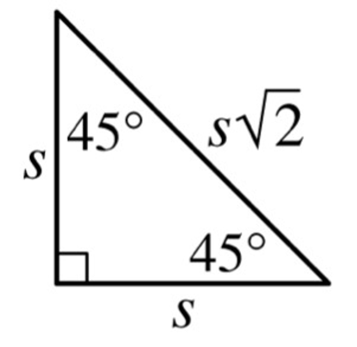 <p>In a 45°-45°-90° triangle, the hypotenuse is √2 times as long as each leg.</p>