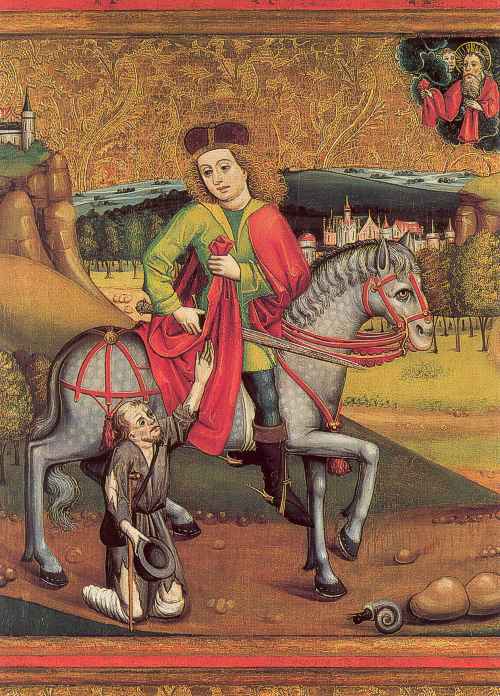 <p>Afgebeeld als ridder te paard terwijl hij voor een bedelaar zijn mantel doormidden snijdt, of als bisschop.</p>