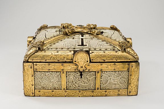 Casket of Empress Cunigunde, c. 1000, Denmark, oak, ivory, bronze, iron, rock crystal, height 5”