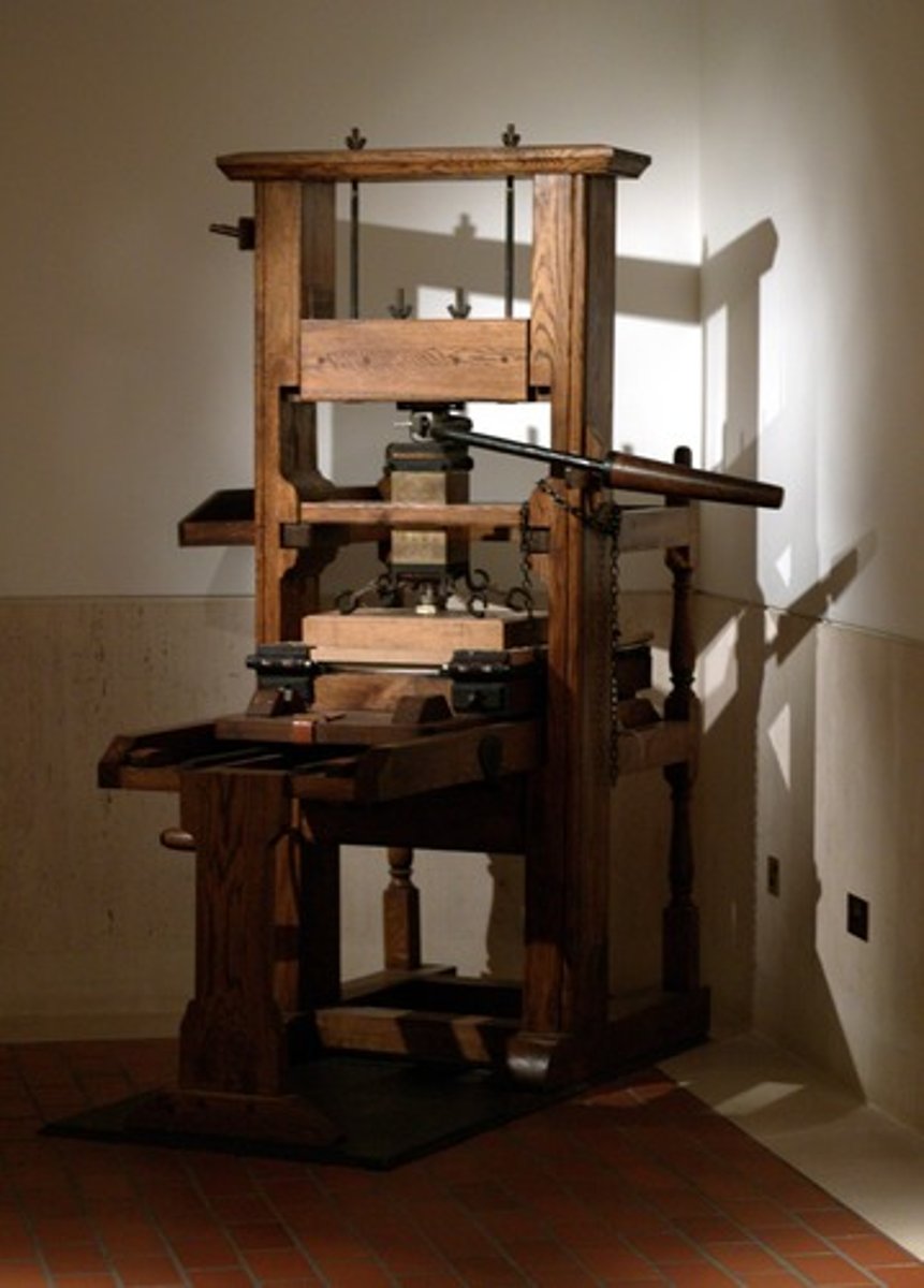 <p>Invented in over the span of a few years between 1445 and 1450, this invention used movable metal type to mass produce and print volumes of text books and materials. This invention would greatly speed up the spread of knowledge and ideas. The Gutenberg Bible printed in 1456 was the first true book produced in the West.</p>