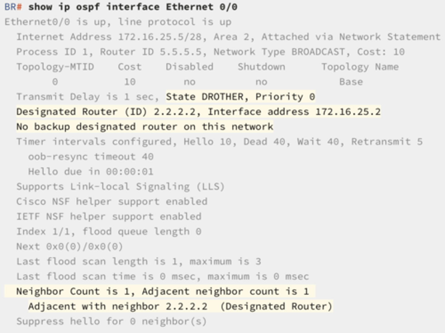 <p>sh ip ospf int &lt;type&gt; &lt;#/#&gt;</p>