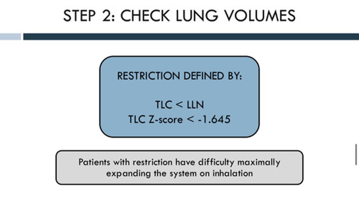 <p><strong>TLC</strong> (total lung capacity) value; restriction is defined by TLC &lt; LLN (lower limit of normal) so we could expect restriction to be defined by a TLC z-score value less than <strong>-1.645</strong></p>