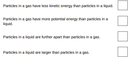 <p>How is the particle model used to explain the difference in density between a liquid and a gas?(1)</p>