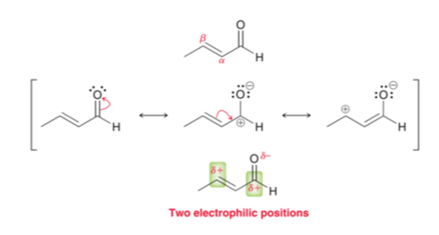 <p>1. R-Li and R-MgBr strong enough to interact with carbonyl carbon</p><p>2. Enolates, Gilman Reagents, and Amines interact with beta carbon</p>