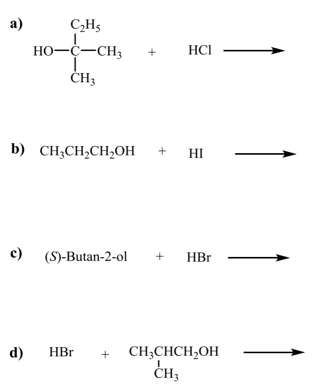 <p>what is the product for the following S<sub>N</sub>1 and S<sub>N</sub>2 alcohol rxns</p>