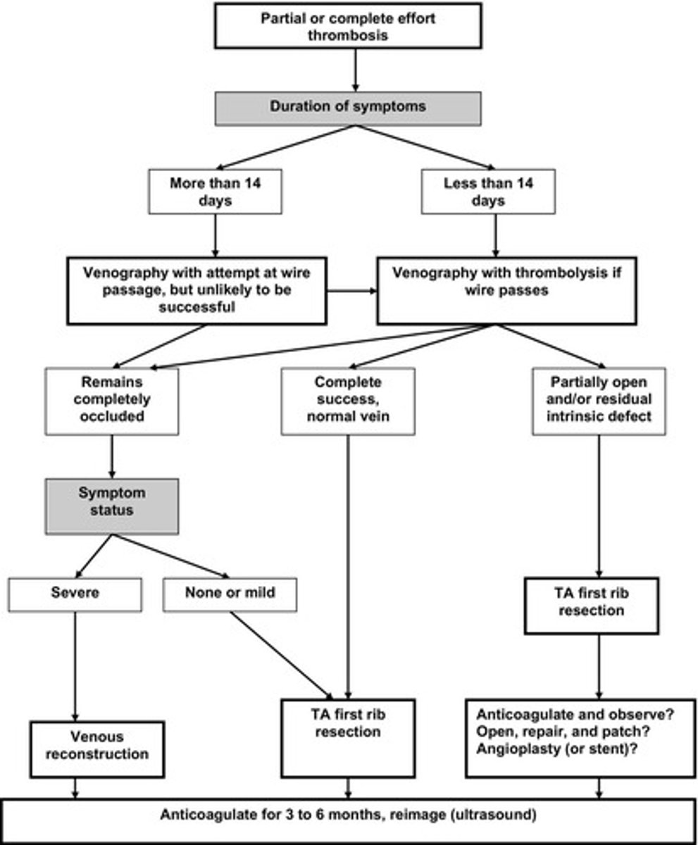 <p>Effort thrombosis in the subclavian/axillary veins, often requiring surgical treatment.</p>