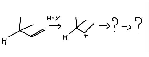 <p>Complete the mechanism displaying how a hydride shift and explain why it does so, state whether is Markovnikov or anti Markovnikov</p>