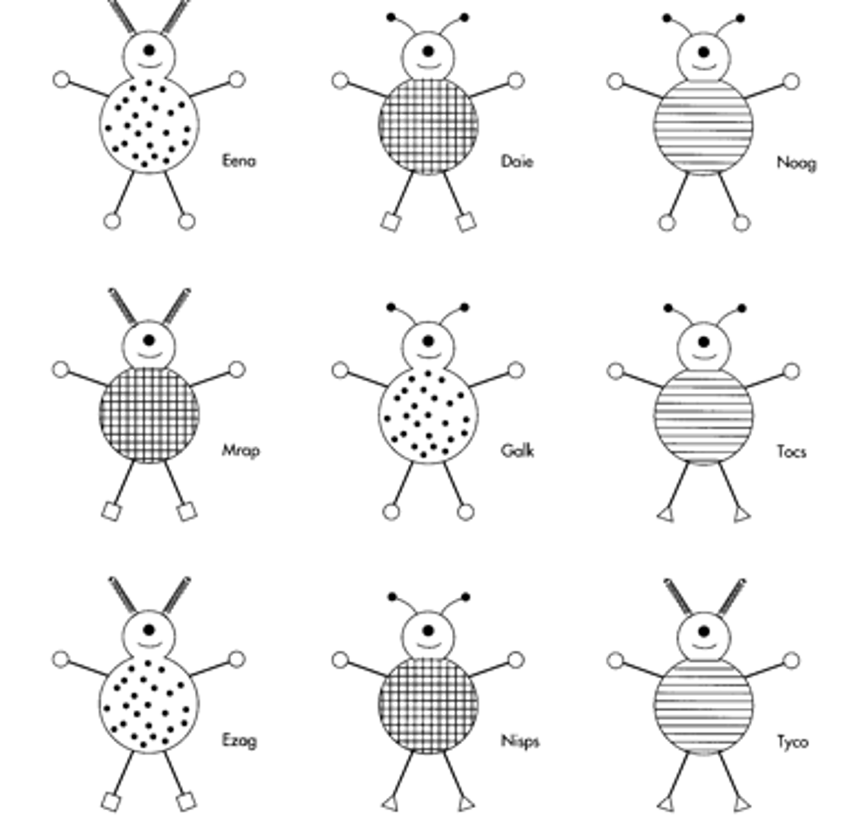 <p>The organisms are in numerical order from top left to bottom right. The organism described is one eyed, dark grid on body, triangle shape on bottom of legs, dark circles on the end of antennae.</p><p>A. 1 B. 2 C. 8 D. 4</p>