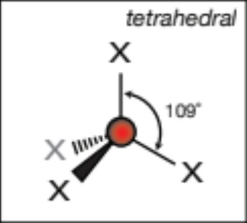 <p>tetrahedral, 109.5 degrees</p>