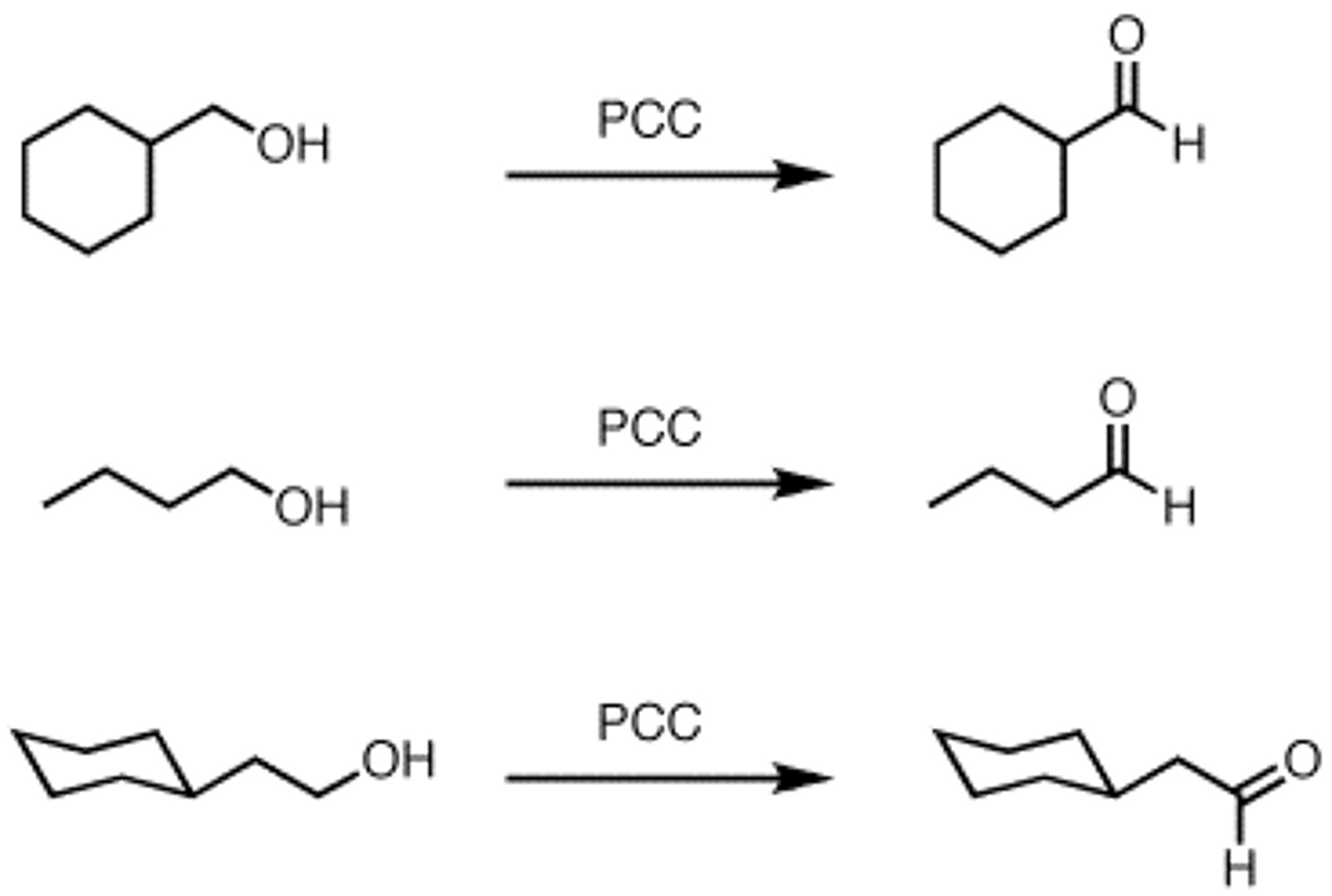 <p>- obtained from partial oxidation of a primary alcohol, only by PCC!</p>
