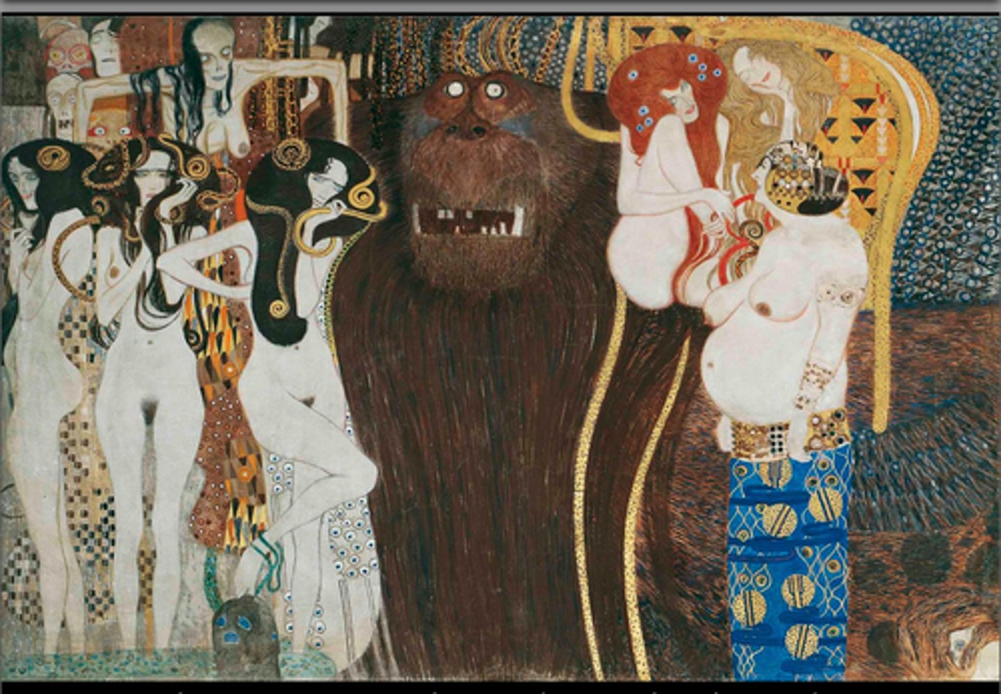 <p>A work by Gustav Klimt created for the 14th Vienna Secessionist exhibition in 1902.<br>Gorilla represents Typhoeus = typhoid</p>