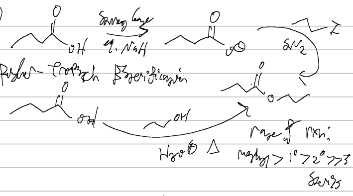 <p>carb acid rxn</p><p>fischer tropsch esterification</p>