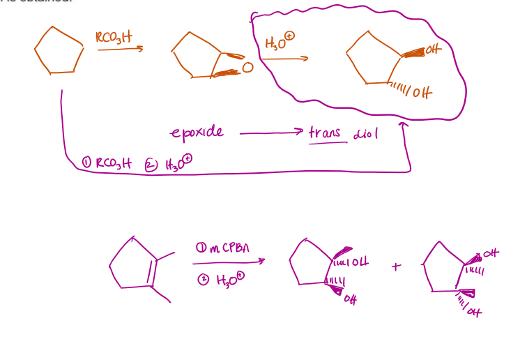 <p>Epoxidation first, followed by subsequent treatment with H<sub>3</sub>O<sup>+</sup>, yields <em>trans-</em>diol</p>