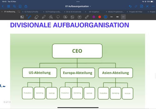 <p>Wird in Geschäftsbereichen unterteilt z.B Regionen</p><p>(Kann auch wiederum in divisionen unterteilt sein)</p>