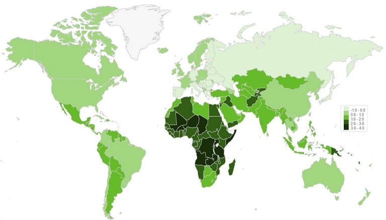 <p>Percentage by which a population grows or declines in a year, solely based on births and deaths <strong>NOT </strong>migration</p><p>Typically higher in LDCs (periphery) and lower in MDCs (core)</p><p>Formula - CBR-CDR/10</p>