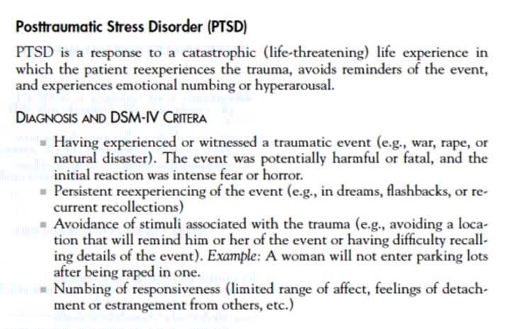 <p>Prolonged and heightened stress reaction to a traumatic event that lasts more than a month. <br><br>-Characterized by haunting memories, nightmares, social withdrawal, jumpy anxiety, numbness of feeling, and/or insomnia.</p>