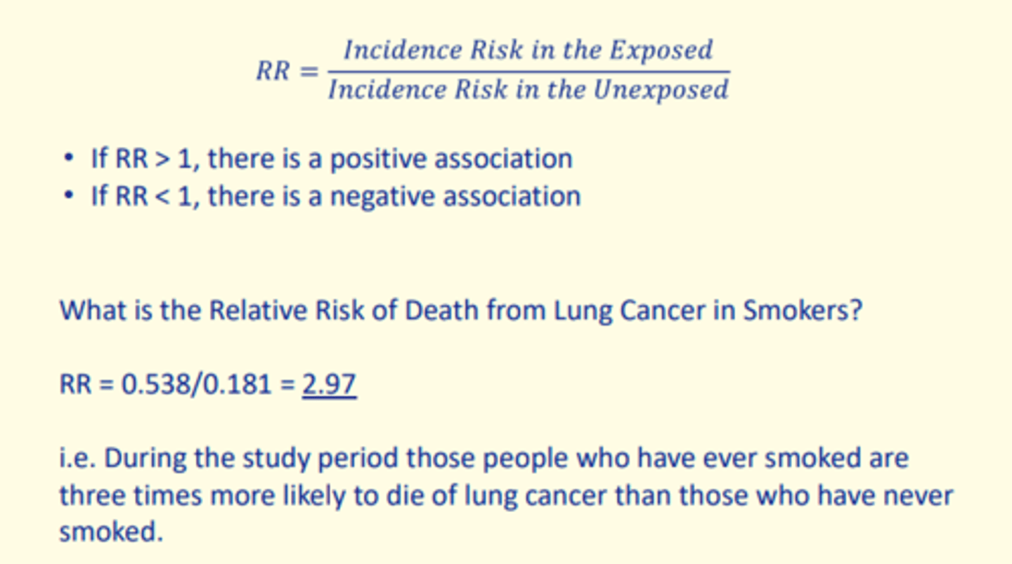 <p>Risk Ratio (RR) =</p><p>A comparison of the risk of some health-related event such as disease or death in two groups.</p>