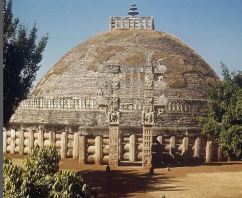 <p>Sanchi, India, 3rd cen. BCE - 1st cen. CE, typology, founded by Ashoka. Oriented with cardinal directions to give the person clarity. Egg shaped with pathway around for circumambulation.</p>
