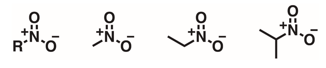 <p>O-N=O. A nitrogen atom double bonded to an oxygen and single bonded to a second oxygen. The N is positively charged and 1 of the oxygens is negatively charged. </p>
