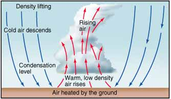 <p>Unequal surface heating causes air to rise due to buoyancy.</p>