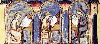 <p>dedicated writing rooms in monasteries where monks copied, wrote, and decorated manuscripts by hand</p>
