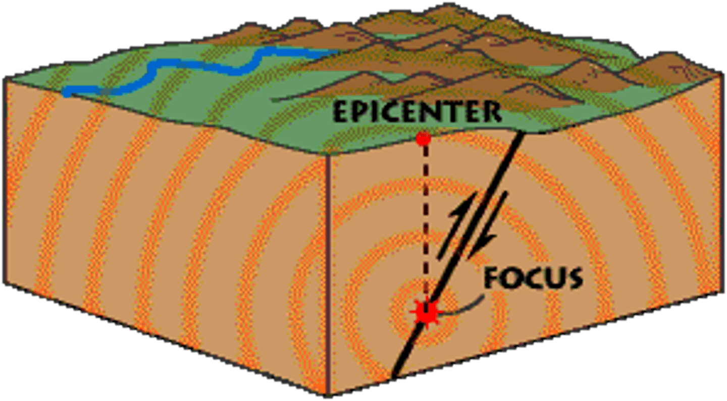 <p>the point on the Earth's surface directly above the focus of an earthquake; the initial surface location of the earthquake on earth</p>