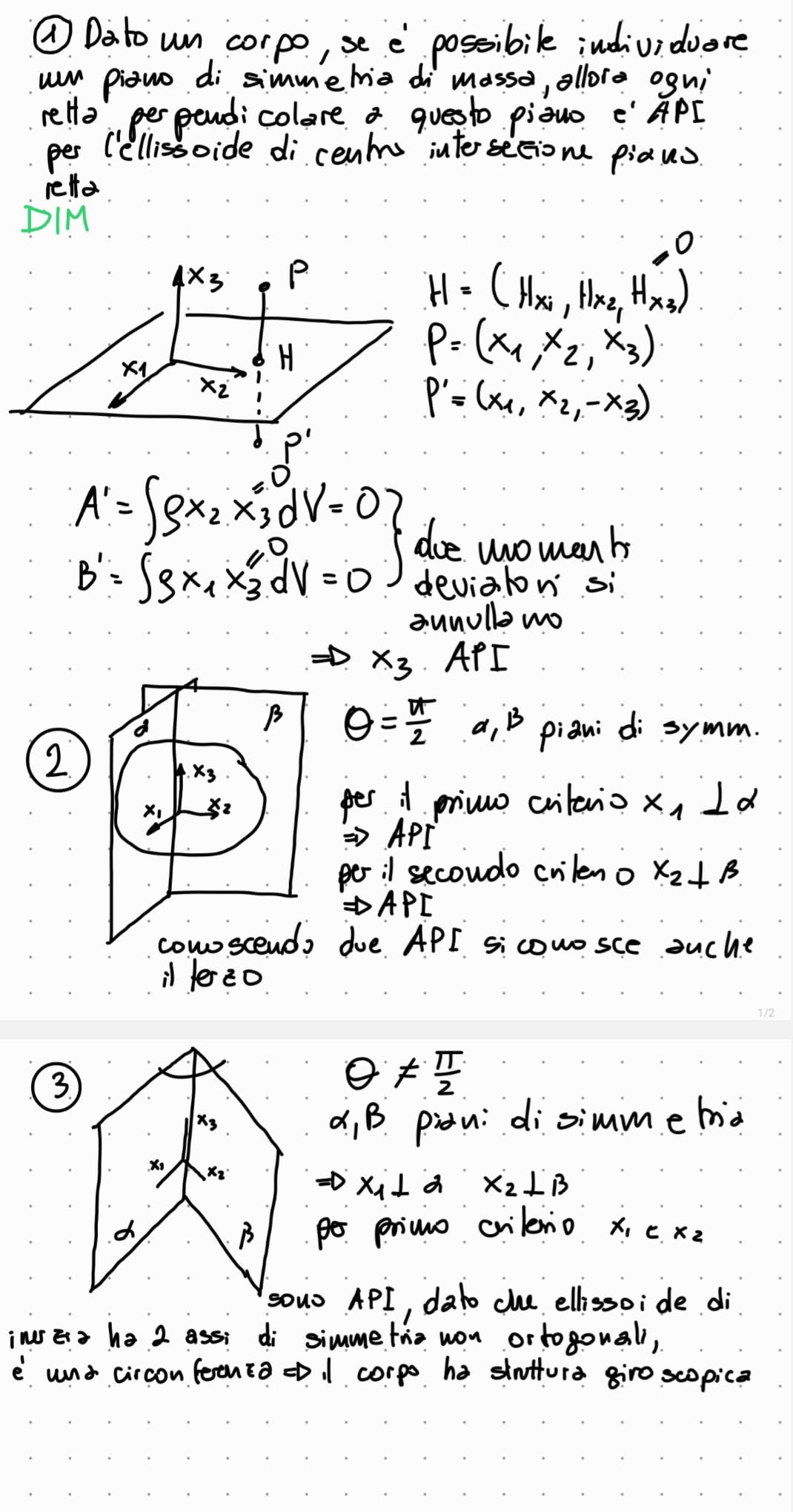 <ol><li><p>se il corpo possiede <strong>un piano di simmetria di massa</strong>, allora ogni <span style="color: yellow">retta ortogonale a questo piano</span> è un asse principale d’inerzia per l’ellissoide che ha centro nel punto di intersezione della retta con il piano.</p></li><li><p>Se il corpo possiede <strong>due piani di simmetria fra loro ortogonali</strong> restano <span style="color: yellow">individuati tutti e tre gli assi principali d’inerzia</span> di ogni ellissoide che ha il centro sulla retta di intersezione dei due piani.</p></li><li><p>Se un corpo possiede <strong>due piani di simmetria fra loro non ortogonali</strong>, allora il corpo <span style="color: yellow">ha struttura giroscopica</span> rispetto a tutti i punti della retta di intersezione dei due piani e in particolare risulta essere un giroscopio.</p></li></ol>