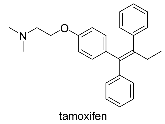 <p>The oestrogen receptor antagonist tamoxifen is used in breast cancer. Only the stereoisomer shown is pharmacalogically active. Determine whether it has E or Z configuration</p>