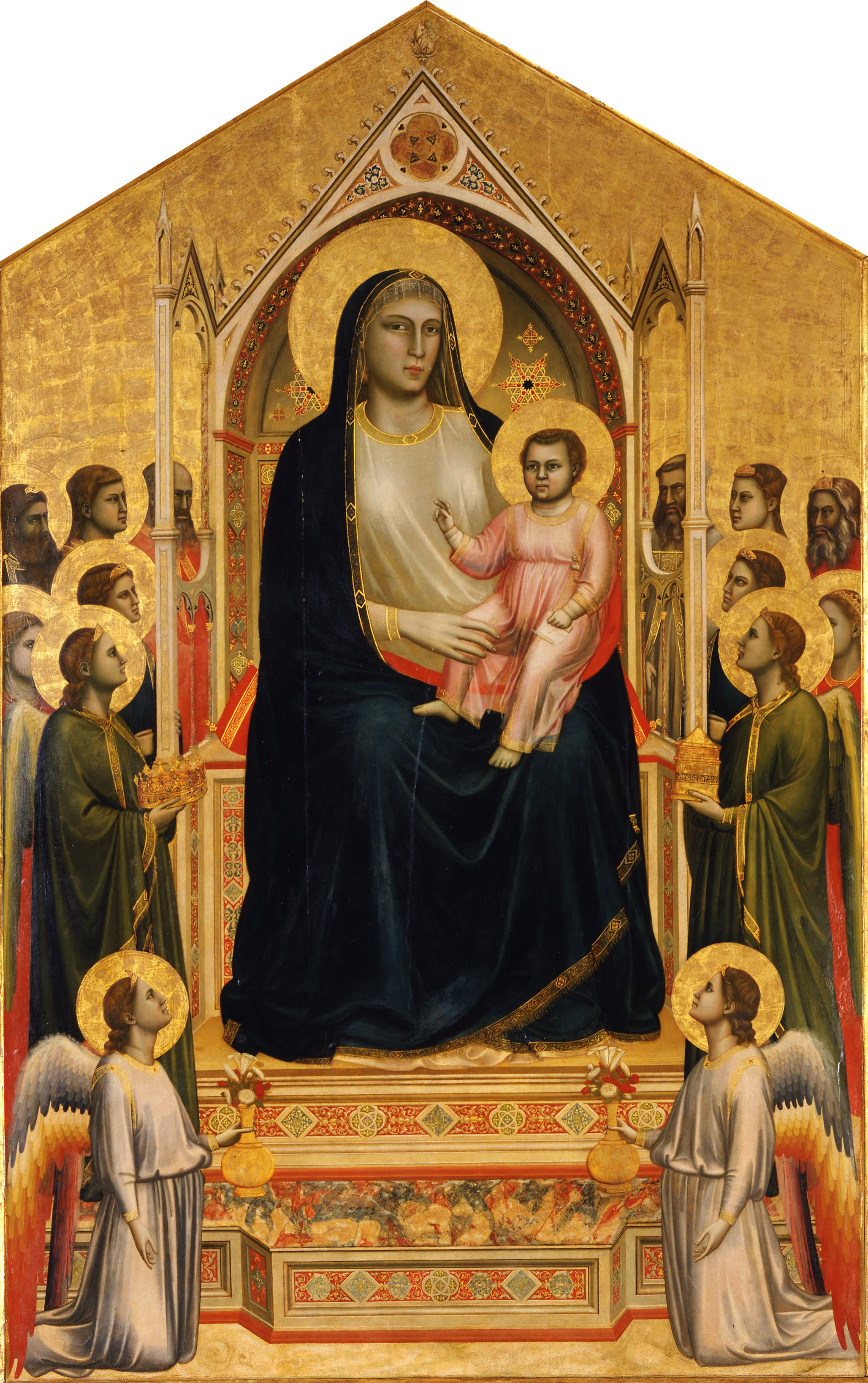 <ul><li><p>Mary (always wearing blue) and Christ Child seated on a throne</p></li><li><p>Saints and angels arpund them</p></li><li><p>Halos around everyones heads</p></li><li><p>Everyone’s looking at the baby and Mary</p></li></ul><p></p>