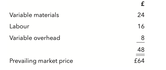 <p>F and G are two divisions of a company. Division F manufactures one product, Rex. Unit production cost and the market price are as follows:</p><p>Product Rex is sold outside the company in a perfectly competitive market and also to division G. If sold outside the company, Rex incurs variable selling costs of £8 per unit.</p><p>Assuming that the total demand for Rex is more than sufficient for division F to manufacture to capacity, what is the price per unit (in round £s) at which the company would prefer division F to transfer Rex to division G?</p><p class="p1">A £64</p><p class="p1">B £56</p><p class="p1">C £40</p><p class="p1">D £48</p>
