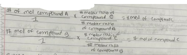 <p>Compare the 2 amount of mol of compound C; it’s the smallest and also limiting reactant </p>