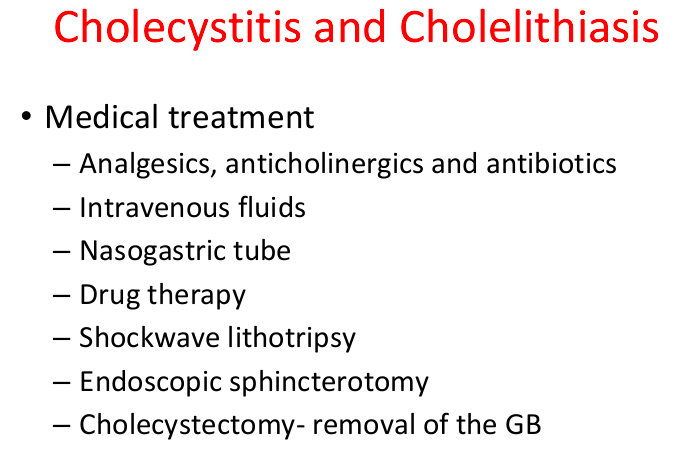 <ul><li><p>pancreatitis </p></li><li><p>abscesses</p></li><li><p>cholangitis (inflamamtion of bile duct)</p></li><li><p>rupture of gallbladder</p></li></ul><p></p>
